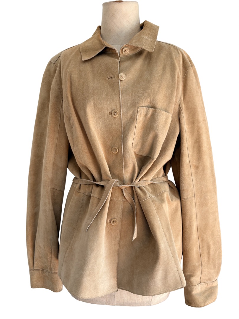 Vtg Y2k 2000s Isaac Mizrahi Live Light Soft Tan Leather Suede Jacket L Waist Tie